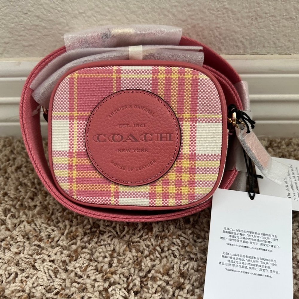 Mini Dempsey Camera Bag With Garden Plaid Print And Coach Patch